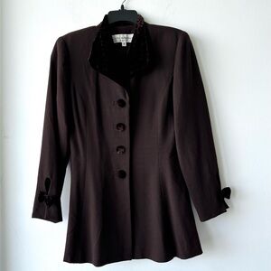Vintage Laura Madrigano Brown Wool Blazer Jacket Velvet Bow Cuffs Collar Size 6